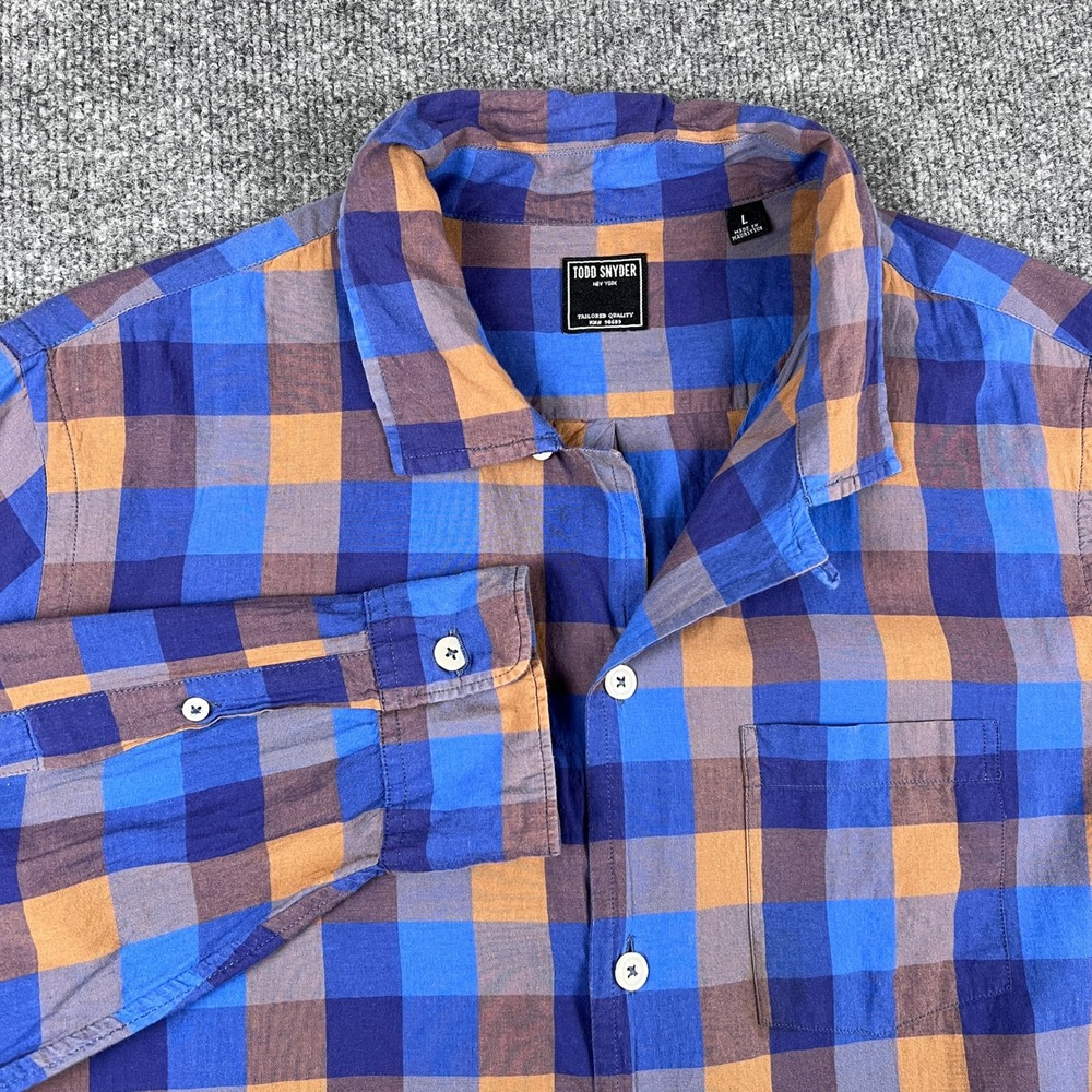Todd Snyder Shirt Mens L Blue Brown Chestnut Plaid Camp Loop Collar Button Up